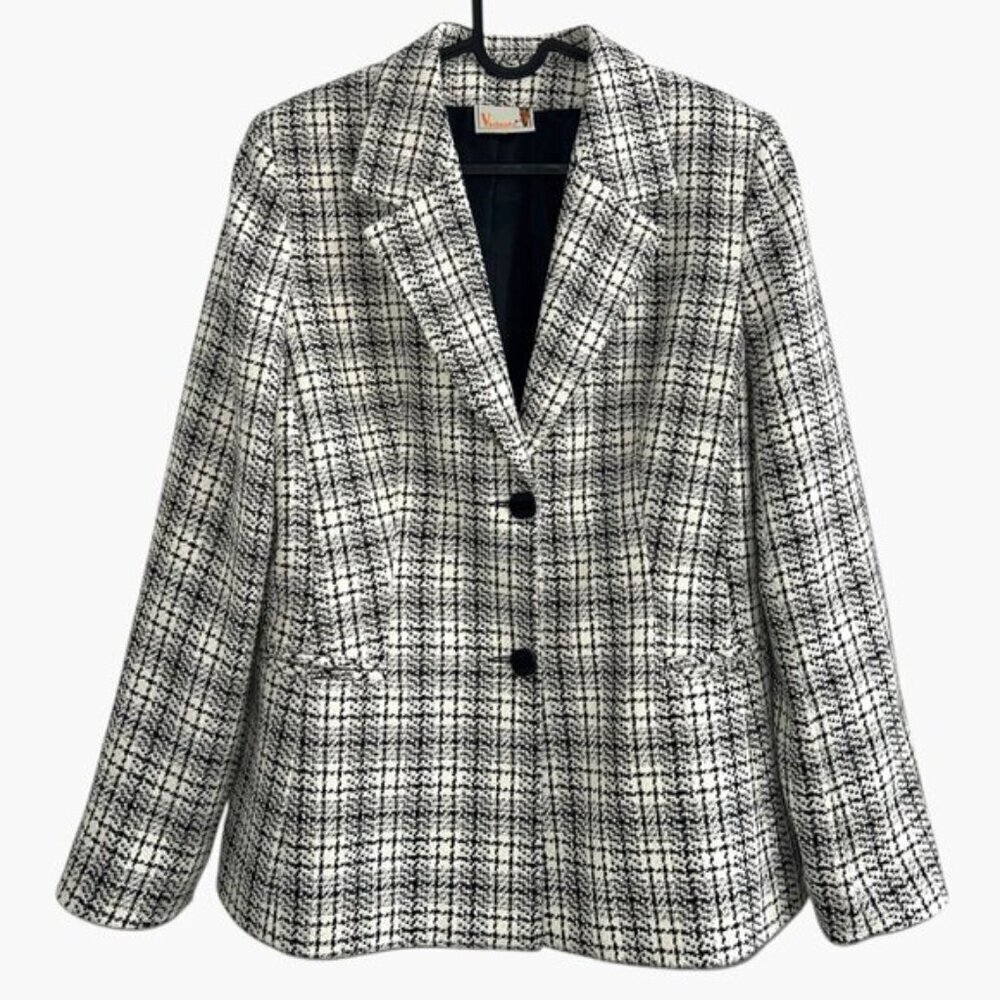 Vintage Violante Black White Check shoulder pad Double breasted blazer 40 Medium - Picture 1 of 8